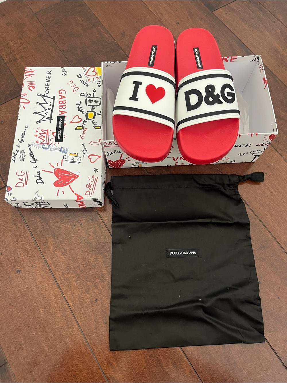 Dolce & Gabbana Red and White 'I ♥ D&G' Slide Sandals